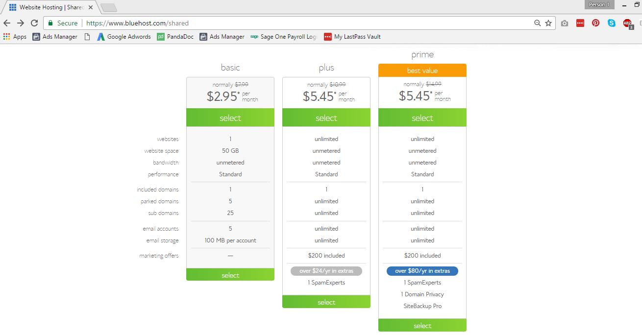 BlueHost Pricing 1